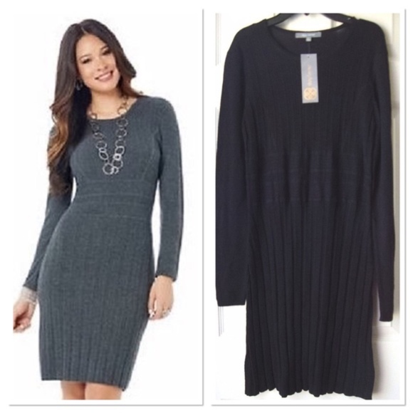 DAISY FUENTES Sweater Dress Fitted Ribbed Knit Long Sleeve Black Large - Picture 1 of 7